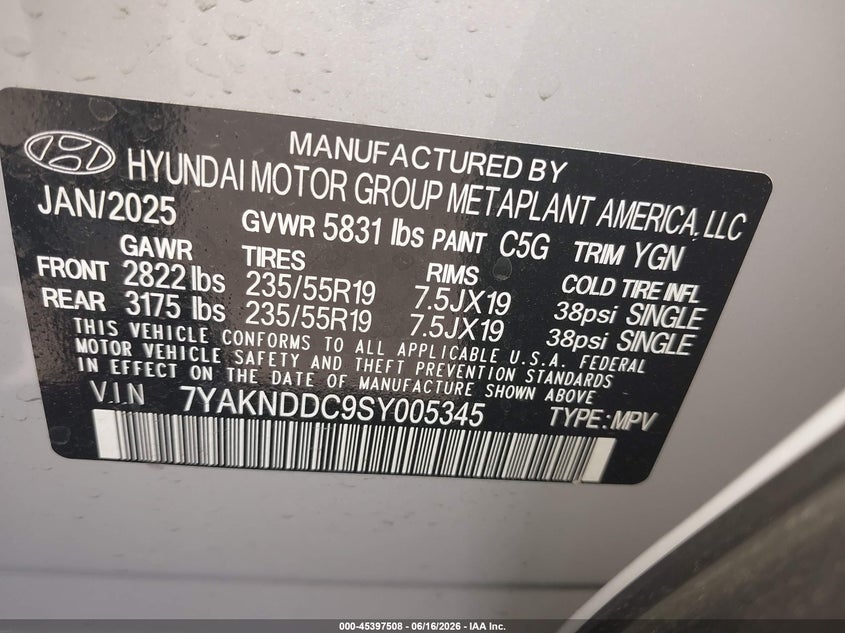 2025 Hyundai Ioniq 5 VIN 7YAKNDDC9SY005345 IAAI salvage auction — REAR END, Salvage Title, sold $15,975 on 2026-08-13 (photo 9)
