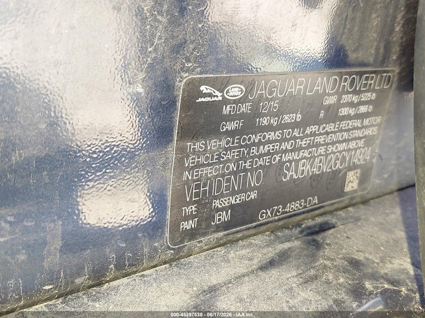 2016 Jaguar Xf VIN SAJBK4BV2GCY14924 IAAI salvage auction — NORMAL WEAR, Clear (New Jersey), sold $1,500 on 2026-07-07 (photo 9)