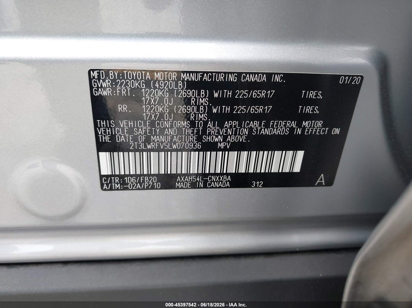 2020 Toyota Rav 4 VIN 2T3LWRFV5LW070936 IAAI salvage auction — FRONT & REAR, Salvage Title, sold $7,700 on 2026-08-22 (photo 9)
