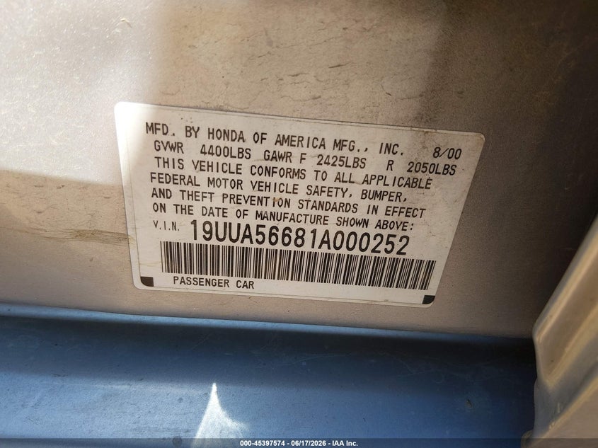 2001 Acura Tl VIN 19UUA56681A000252 IAAI salvage auction — FRONT END, Salvage (Indiana), sold $50 on 2026-07-30 (photo 9)
