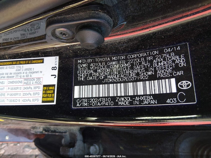2014 Toyota Prius VIN JTDKN3DU7E0371902 IAAI salvage auction — FRONT END, Salvage Title, sold $50 on 2026-07-21 (photo 9)