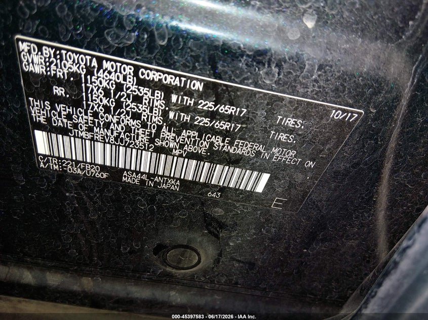 2018 Toyota VIN JTMBFREV8JJ723512 IAAI salvage auction — FRONT END, Salvage (Idaho), sold $5,150 on 2026-07-10 (photo 9)