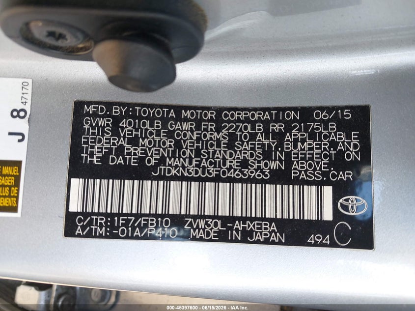 2015 Toyota Prius VIN JTDKN3DU3F0463963 IAAI salvage auction — FRONT END, Salvage (California), sold $1,250 on 2026-07-06 (photo 9)