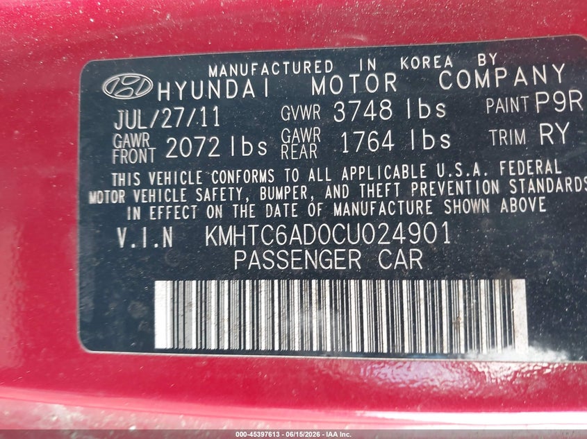 2012 Hyundai Veloster VIN KMHTC6AD0CU024901 IAAI salvage auction — NORMAL WEAR, Clear (Pennsylvania), sold $875 on 2026-07-10 (photo 9)