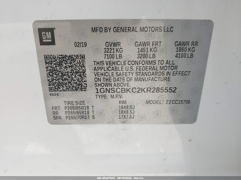 2019 Chevrolet Tahoe VIN 1GNSCBKC2KR285552 IAAI salvage auction — LEFT FRONT, Rebuildable (Florida), sold $4,450 on 2026-07-18 (photo 9)