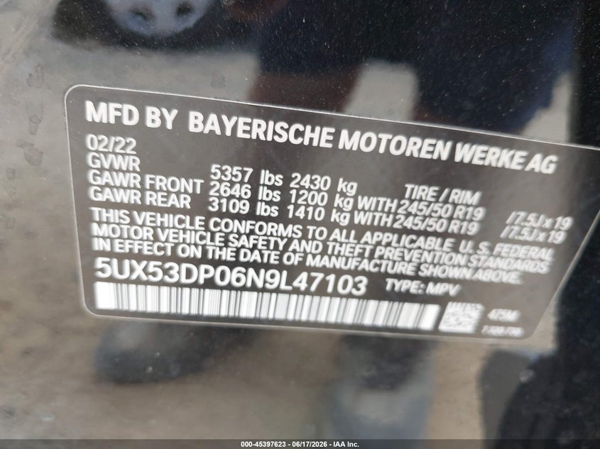 2022 BMW X3 VIN 5UX53DP06N9L47103 IAAI salvage auction — REAR END, Salvage (Virginia), sold $19,300 on 2026-07-17 (photo 9)