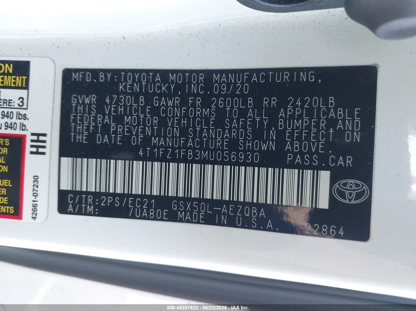 2021 Toyota Avalon VIN 4T1FZ1FB3MU056930 IAAI salvage auction — RIGHT FRONT, Salvage Title, sold $6,100 on 2026-07-10 (photo 9)