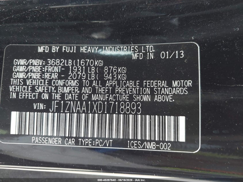 2013 Scion Fr-s VIN JF1ZNAA1XD1718893 IAAI salvage auction — FRONT END, Original (Texas), sold $4,600 on 2026-08-31 (photo 9)
