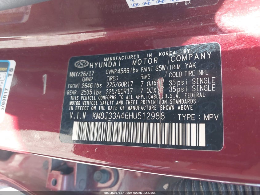 2017 Hyundai Tucson VIN KM8J33A46HU512988 IAAI salvage auction — FRONT END, Salvage (South Carolina), sold $1,500 on 2026-07-28 (photo 9)