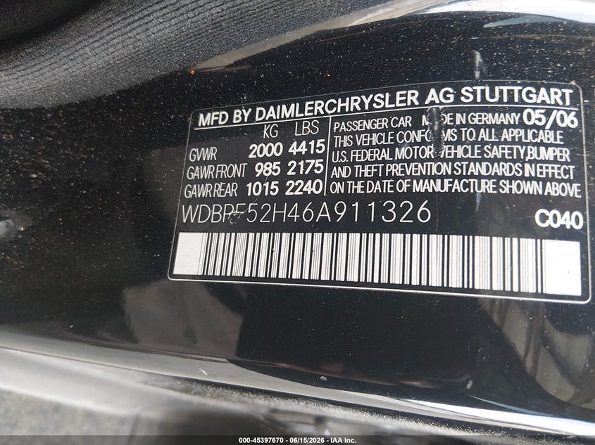2006 Mercedes-benz C class VIN WDBRF52H46A911326 IAAI salvage auction — LEFT SIDE, Repossession Paperwork (Georgia), sold $25 on 2026-07-29 (photo 9)