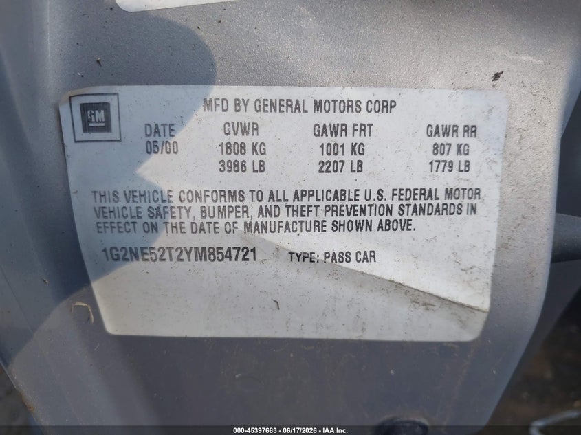 2000 Pontiac Grand am VIN 1G2NE52T2YM854721 IAAI salvage auction — NORMAL WEAR, Clear (New York), sold $425 on 2026-07-07 (photo 9)