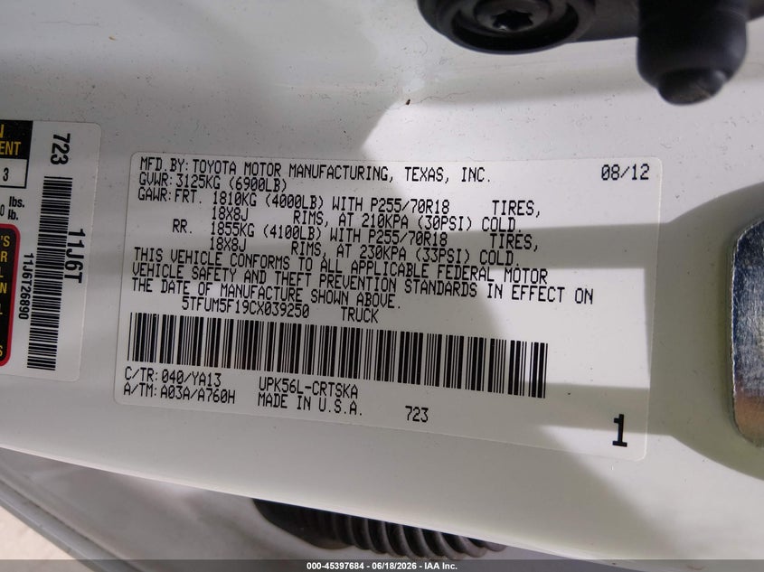 2012 Toyota Tundra VIN 5TFUM5F19CX039250 IAAI salvage auction — REAR END, Salvage (Tennessee), sold $5,250 on 2026-07-15 (photo 9)