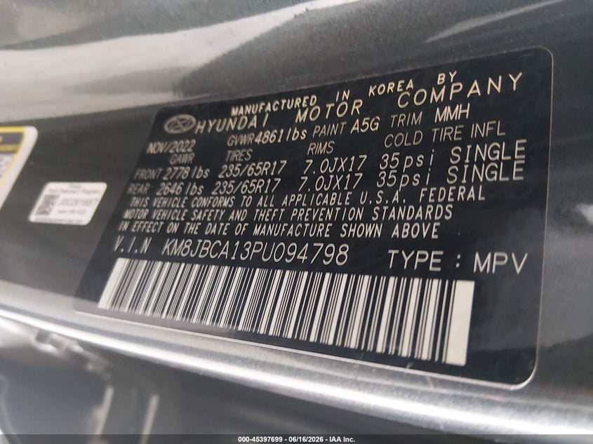 2023 Hyundai VIN KM8JBCA13PU094798 IAAI salvage auction — FRONT END, Salvage (Georgia), sold $875 on 2026-07-29 (photo 9)