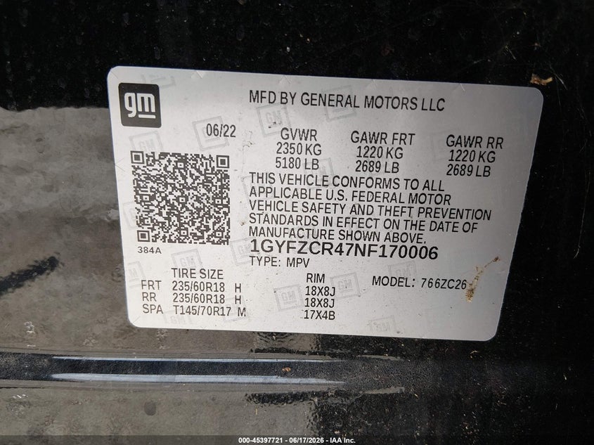 2022 Cadillac Xt4 VIN 1GYFZCR47NF170006 IAAI salvage auction — THEFT, Original (Texas), sold $6,725 on 2026-07-18 (photo 9)