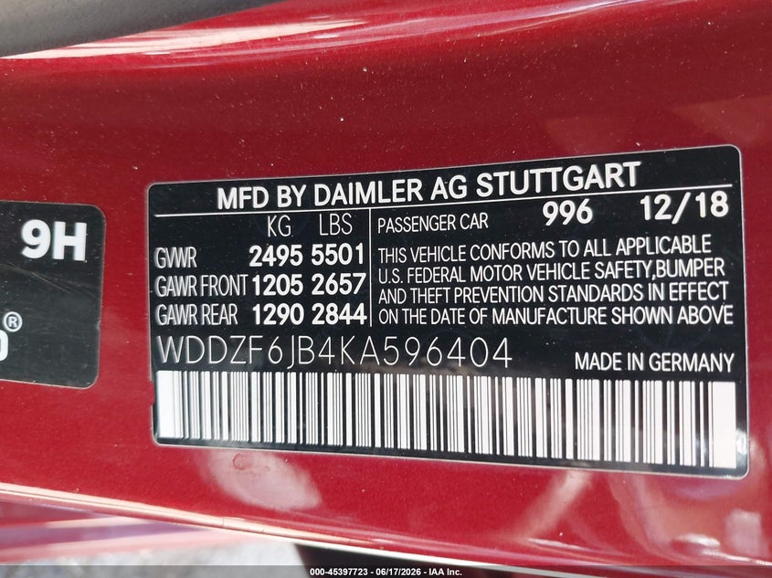 2019 Mercedes-benz E-klasse VIN WDDZF6JB4KA596404 IAAI salvage auction — FRONT END, Original (Texas), sold $10,700 on 2026-07-29 (photo 9)