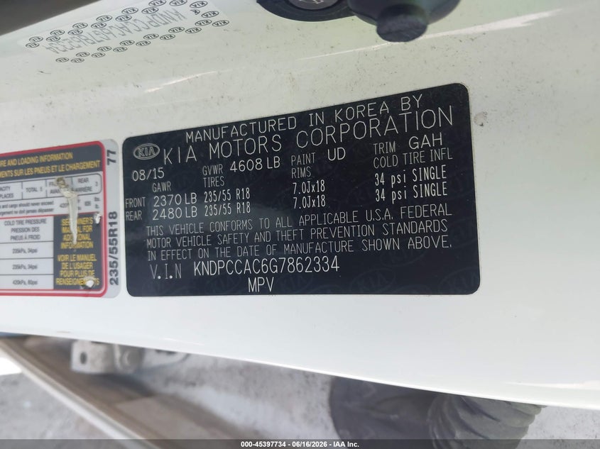 2016 Kia Sportage VIN KNDPCCAC6G7862334 IAAI salvage auction — NORMAL WEAR, Clear (Virginia), sold $2,300 on 2026-07-28 (photo 9)