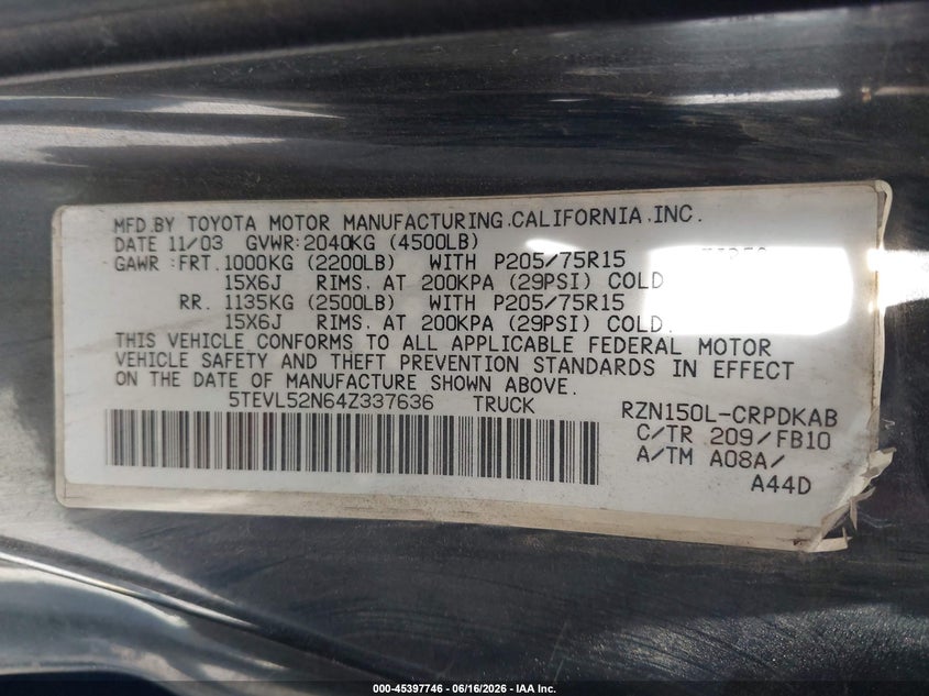 2004 Toyota Tacoma VIN 5TEVL52N64Z337636 IAAI salvage auction — FRONT & REAR, Salvage (California), sold $2,650 on 2026-07-07 (photo 9)