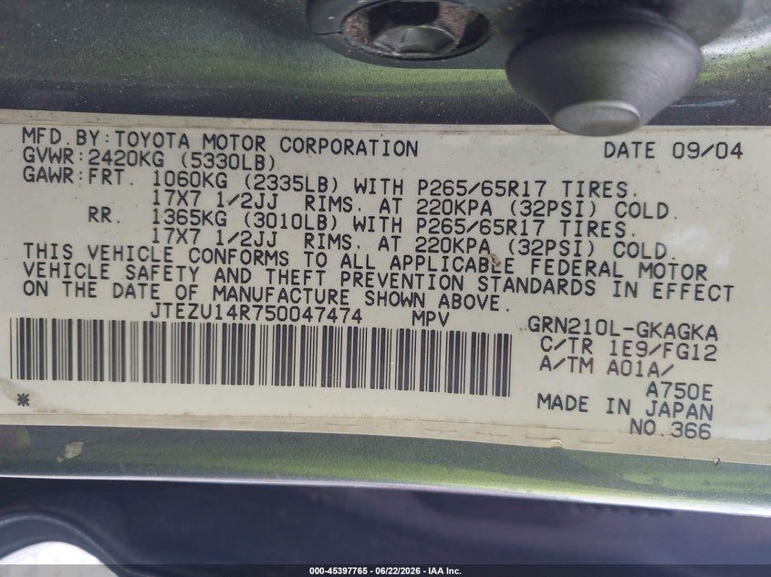 2005 Toyota 4runner VIN JTEZU14R750047474 IAAI salvage auction — NORMAL WEAR, Clear (Florida), sold $2,450 on 2026-07-09 (photo 9)