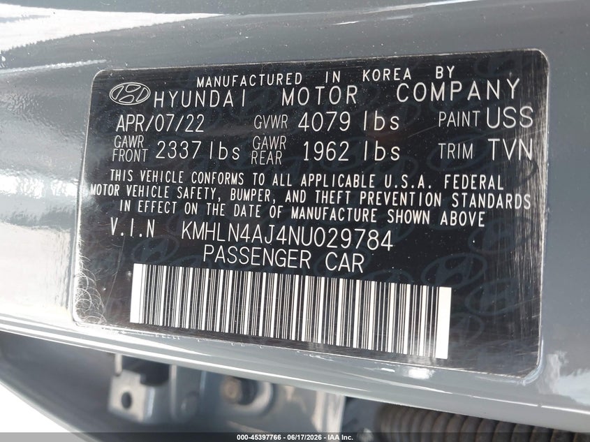 2022 Hyundai VIN KMHLN4AJ4NU029784 IAAI salvage auction — REAR END, Salvage (Georgia), sold $4,050 on 2026-07-29 (photo 9)