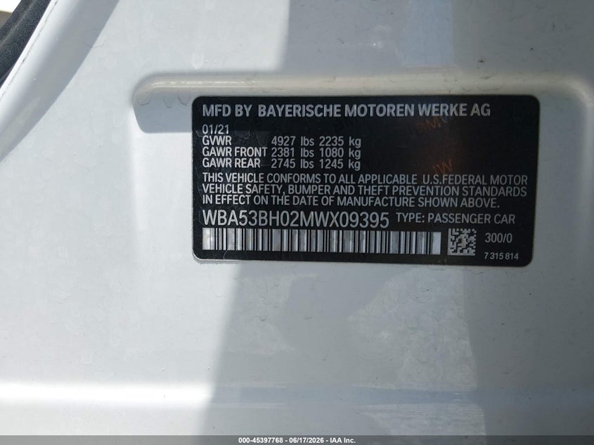 2021 BMW VIN WBA53BH02MWX09395 IAAI salvage auction — FRONT END, Salvage (Tennessee), sold $19,850 on 2026-07-09 (photo 9)