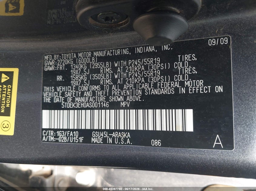 2010 Toyota Highlander VIN 5TDEK3EH0AS001146 IAAI salvage auction — FRONT END, Salvage (Texas), sold $2,025 on 2026-07-30 (photo 9)