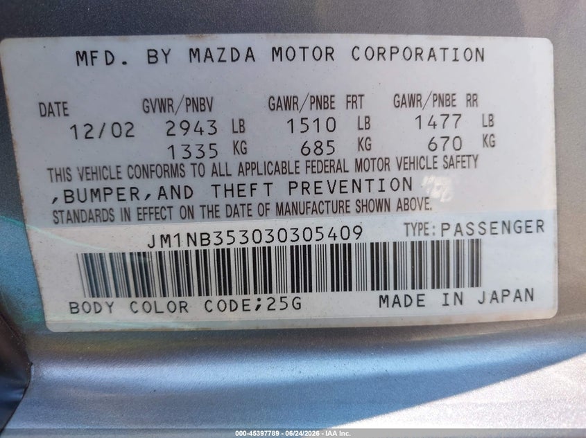 2003 Mazda Mx-5 miata VIN JM1NB353030305409 IAAI salvage auction — FRONT END, Salvage (Pennsylvania), sold $225 on 2026-07-15 (photo 9)