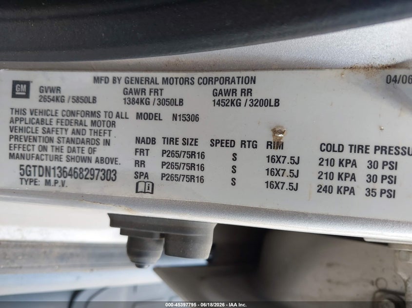 2006 Hummer H3 VIN 5GTDN136468297303 IAAI salvage auction — NORMAL WEAR, Original (Texas), sold $975 on 2026-07-09 (photo 9)