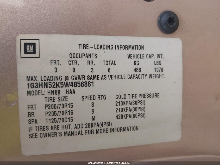 1998 Oldsmobile .88 VIN 1G3HN52K5W4856881 IAAI salvage auction — FRONT END, Clear (New Jersey), sold $600 on 2026-07-09 (photo 9)