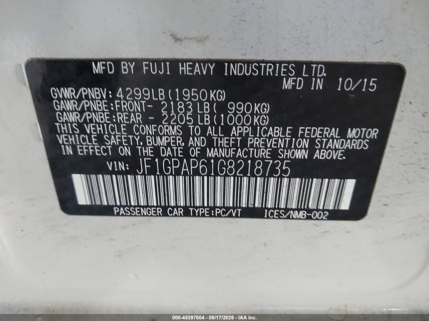 2016 Subaru Impreza VIN JF1GPAP61G8218735 IAAI salvage auction — FRONT END, Salvage (Minnesota), sold $1,850 on 2026-07-29 (photo 9)