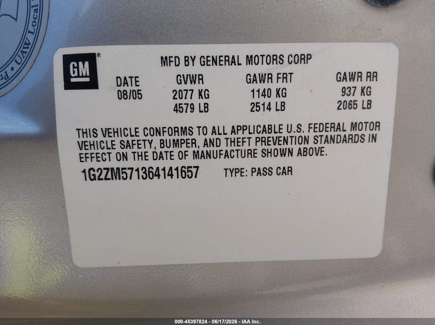 2006 Pontiac G6 VIN 1G2ZM571364141657 IAAI salvage auction — NORMAL WEAR, Regular Certificate (Iowa), sold $475 on 2026-08-18 (photo 9)