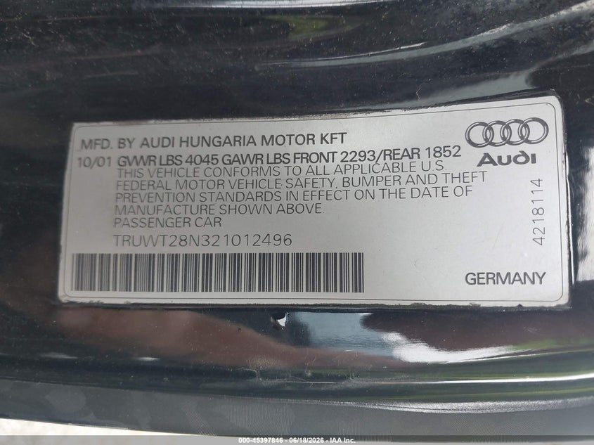 2002 Audi Tt VIN TRUWT28N321012496 IAAI salvage auction — SUSPENSION, Clear (Indiana), sold $1,050 on 2026-07-11 (photo 9)