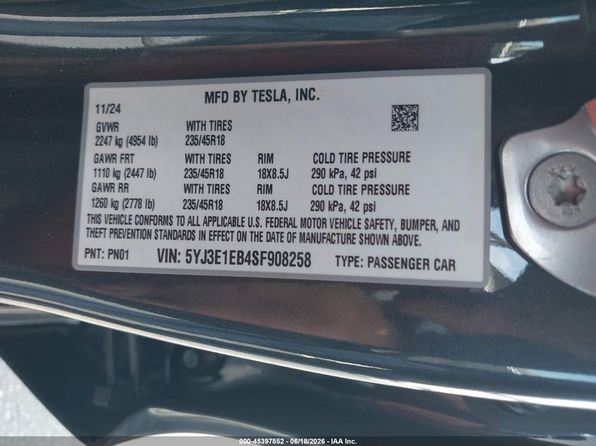 2025 Tesla Model 3 VIN 5YJ3E1EB4SF908258 IAAI salvage auction — ROLLOVER, Salvage Title, sold $4,650 on 2026-07-24 (photo 9)