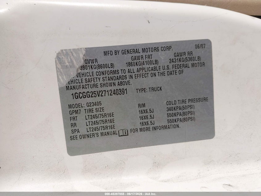 2007 Chevrolet Express 2500 VIN 1GCGG25V271240391 IAAI salvage auction — SIDE, Salvage Certificate (California), sold $1,150 on 2026-07-10 (photo 9)