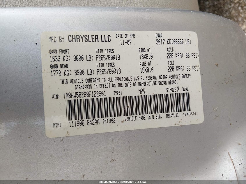2008 Chrysler Aspen VIN 1A8HW58288F122501 IAAI salvage auction — NORMAL WEAR, Clear (Illinois), sold $425 on 2026-07-08 (photo 9)