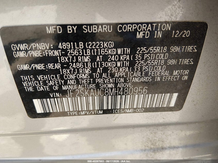 2021 Subaru Forester VIN JF2SKAUC8MH480956 IAAI salvage auction — SIDE, Salvage (Georgia), sold $5,000 on 2026-07-30 (photo 9)