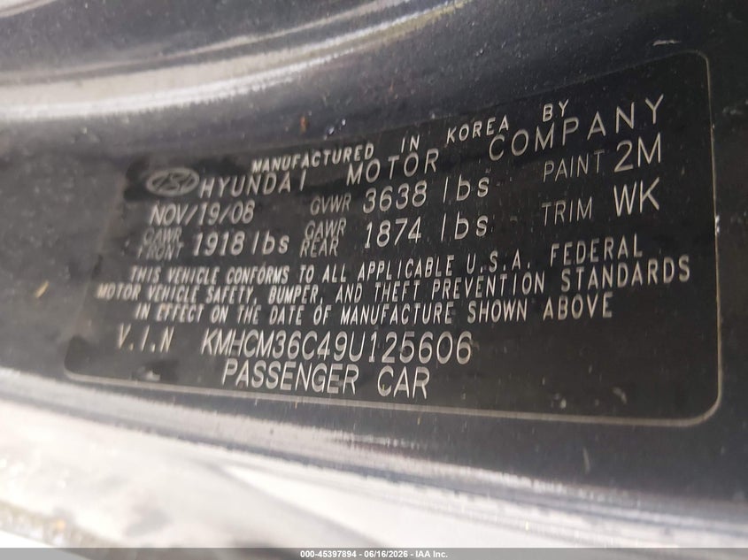 2009 Hyundai Accent VIN KMHCM36C49U125606 IAAI salvage auction — NORMAL WEAR, Clear (Georgia), sold $275 on 2026-07-29 (photo 9)