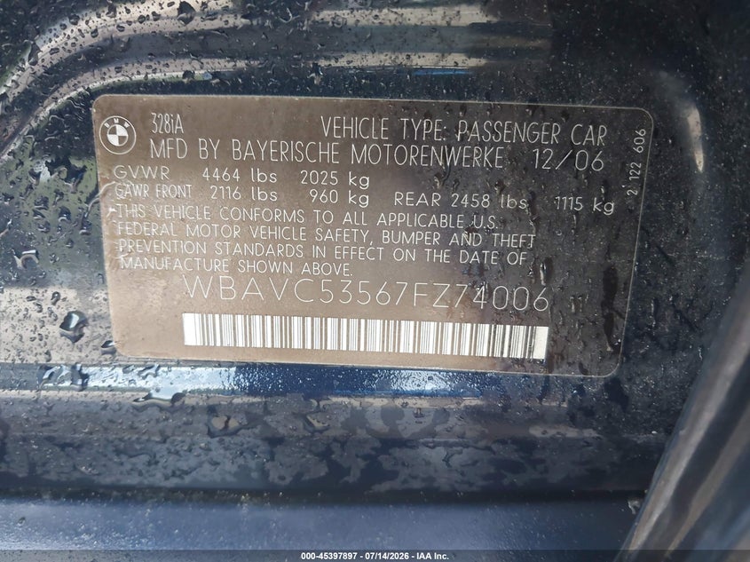 2007 BMW 3 series VIN WBAVC53567FZ74006 IAAI salvage auction — NORMAL WEAR, Clear (Florida), sold $25 on 2026-07-29 (photo 9)