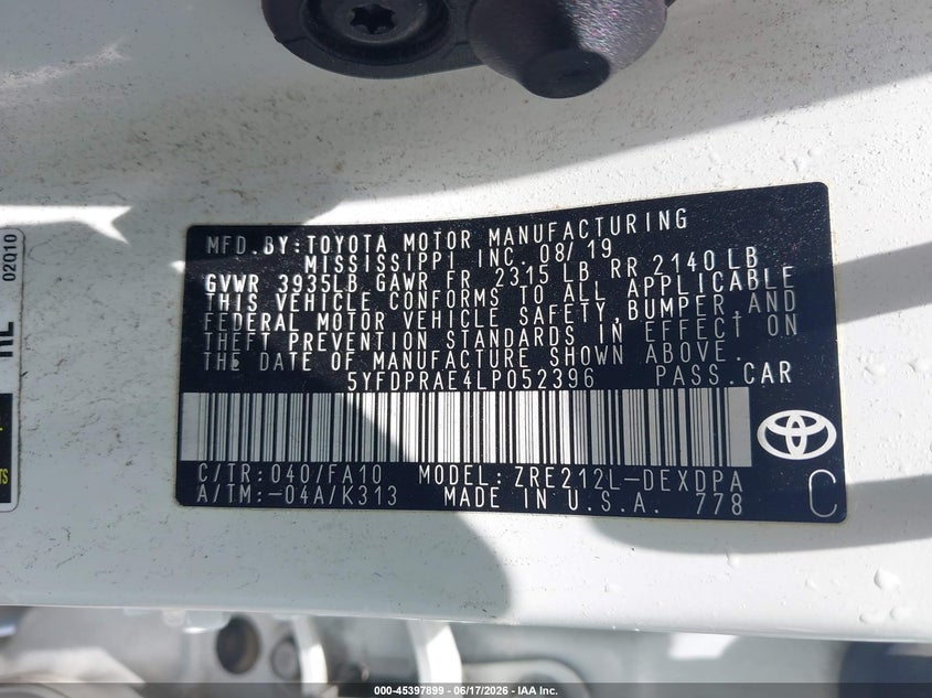 2020 Toyota Corolla VIN 5YFDPRAE4LP052396 IAAI salvage auction — REAR END, Salvage (South Carolina), sold $3,700 on 2026-07-22 (photo 9)