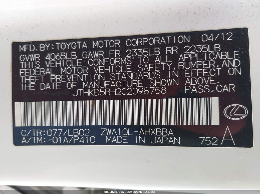2012 Lexus Ct VIN JTHKD5BH2C2098758 IAAI salvage auction — NORMAL WEAR, Salvage Title, sold $4,900 on 2026-07-30 (photo 9)