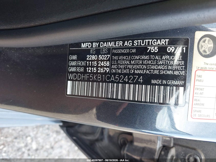 2012 Mercedes-benz E-klasse VIN WDDHF5KB1CA524274 IAAI salvage auction — REAR END, Wait Title, sold $2,050 on 2026-08-15 (photo 9)
