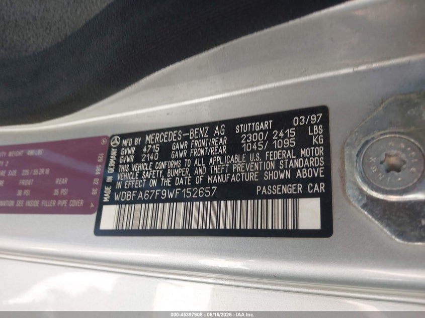 1998 Mercedes-benz Sl-class VIN WDBFA67F9WF152657 IAAI salvage auction — FRONT END, Salvage (California), sold $1,200 on 2026-07-29 (photo 9)