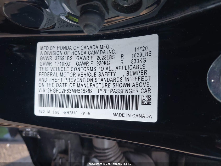 2021 Honda Civic VIN 2HGFC2F83MH515989 IAAI salvage auction — FRONT & REAR, Salvage Title, sold $6,600 on 2026-07-31 (photo 9)