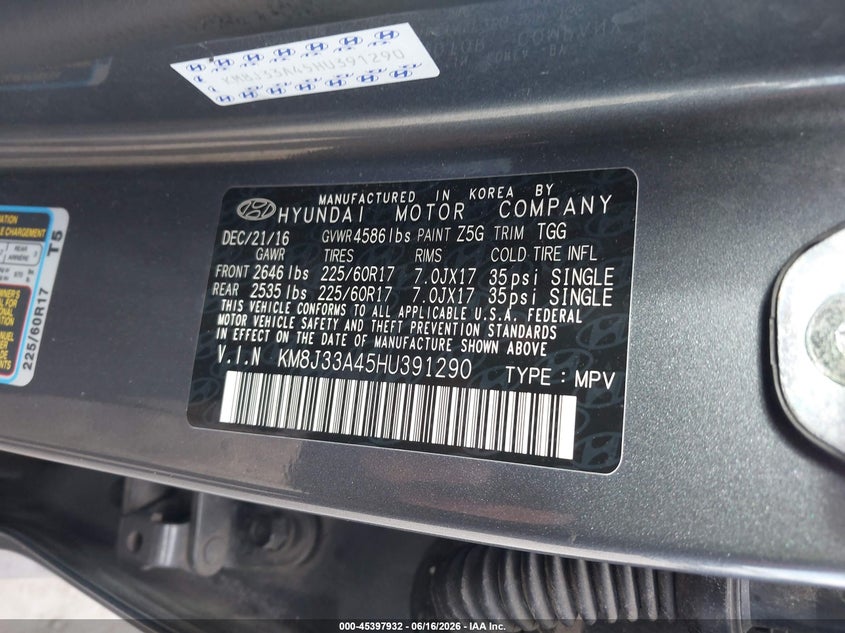 2017 Hyundai Tucson VIN KM8J33A45HU391290 IAAI salvage auction — FRONT END, Rebuildable (Florida), sold $3,100 on 2026-07-07 (photo 9)