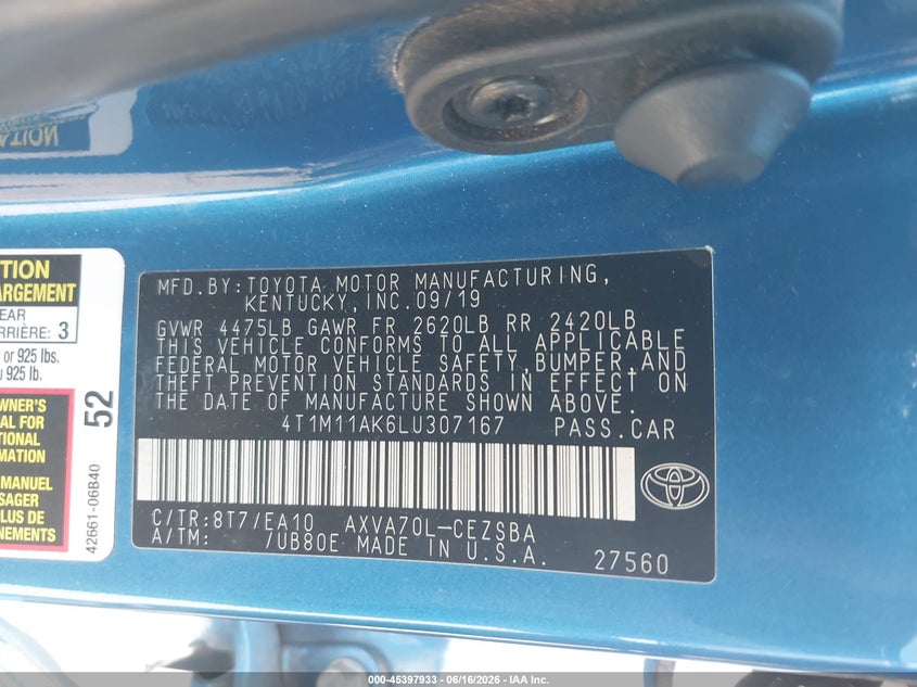 2020 Toyota Camry VIN 4T1M11AK6LU307167 IAAI salvage auction — REAR END, Salvage (Arizona), sold $7,050 on 2026-07-09 (photo 9)