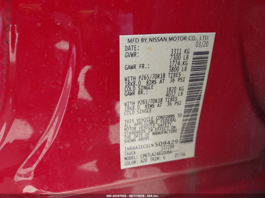 2020 Nissan TITAN VIN 1N6AA1ECXLN509429 IAAI salvage auction — UNKNOWN, Salvage (Texas), sold $5,400 on 2026-07-23 (photo 9)