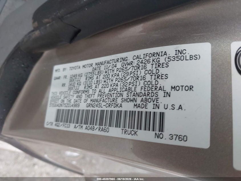 2005 Toyota Tacoma VIN 5TEUU42N75Z014989 IAAI salvage auction — FRONT END, Salvage (Virginia), sold $5,600 on 2026-07-16 (photo 9)