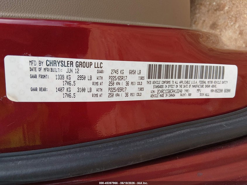 2012 Chrysler Town & country VIN 2C4RC1CG8CR412240 IAAI salvage auction — NORMAL WEAR, Clear (Missouri), sold $375 on 2026-07-27 (photo 9)
