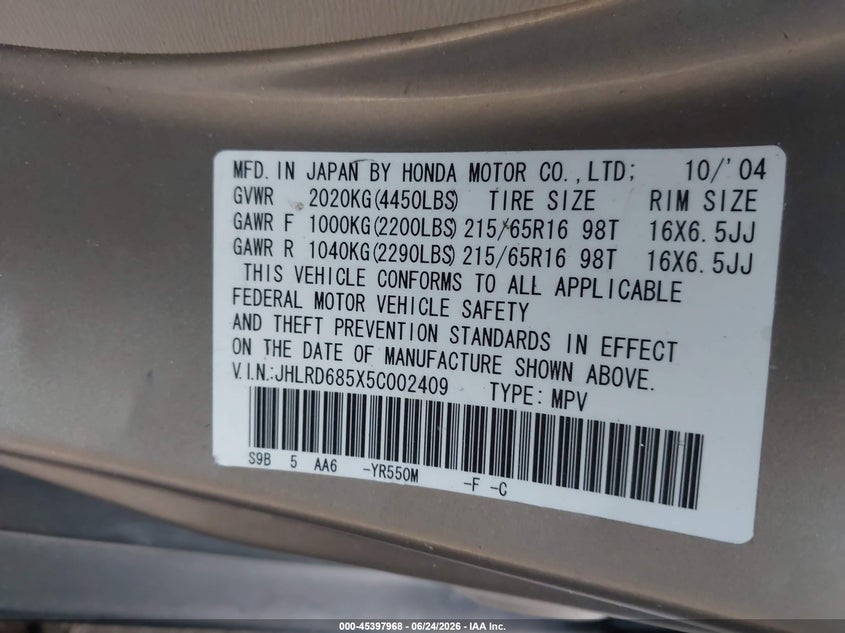 2005 Honda Cr-v VIN JHLRD685X5C002409 IAAI salvage auction — RIGHT FRONT, Salvage Certificate (California), sold $925 on 2026-07-17 (photo 9)