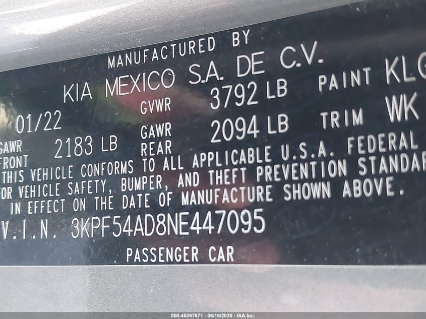 2022 Kia Forte VIN 3KPF54AD8NE447095 IAAI salvage auction — REAR END, Salvage - Greater Than 75% (Maryland), sold $7,000 on 2026-07-20 (photo 9)