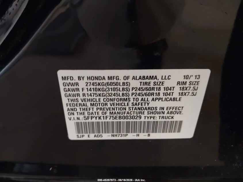2014 Honda Ridgeline VIN 5FPYK1F75EB003029 IAAI salvage auction — RIGHT SIDE, Salvage (Texas), sold $3,025 on 2026-07-08 (photo 9)